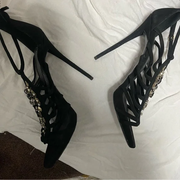 🍸GIUSEPPE ZANOTTI🍸Sexy Black Crystal Embellished T-Bar Sandal Heel - Picture 10 of 12